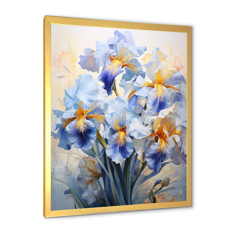 «Blue and Yellow Minimalisme Irises», reproduction d'art sur toile, H 32 po x l 16 po x P 1 po, Cadre doré simple