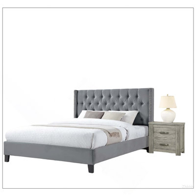 Queen Size 1pc Bed Nailhead Head Trim Diamond Tufted Headboard Gray Finish Bedroom Furniture