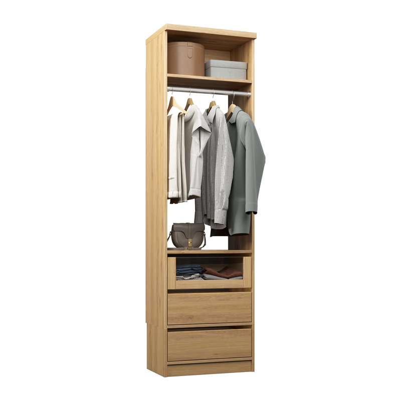 Natural Oak 19.5" Floor-Mounted Closet Section with 1 Clothing Rod, 1 Shelf & 3 Reveal Drawers, 19.5, Natural Oak