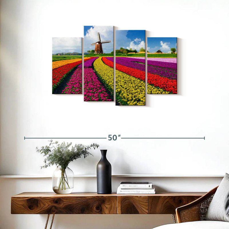Moulin à vent Harnek dans les champs de tulipes, H 22 po x l 36 po
