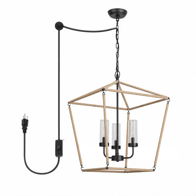 Luminaire suspendu lanterne 20 po 3 lumières, cadre en fer naturel