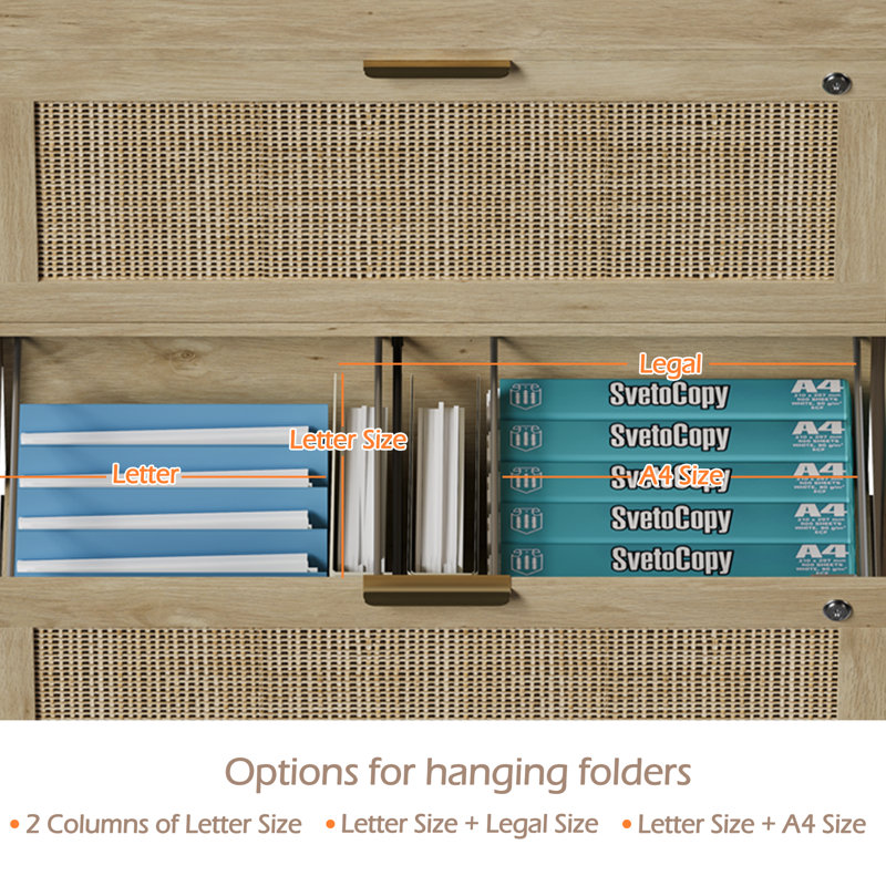 31.1"W Rattan File Cabinet With 2 Drawer & Lock, Natural Wood