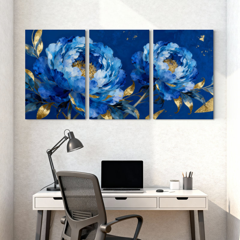 Pivoine, pivoine bleue, fleurs et accents dorés, ensemble de 3 impressions sur toile, H 30 po x l 60 po