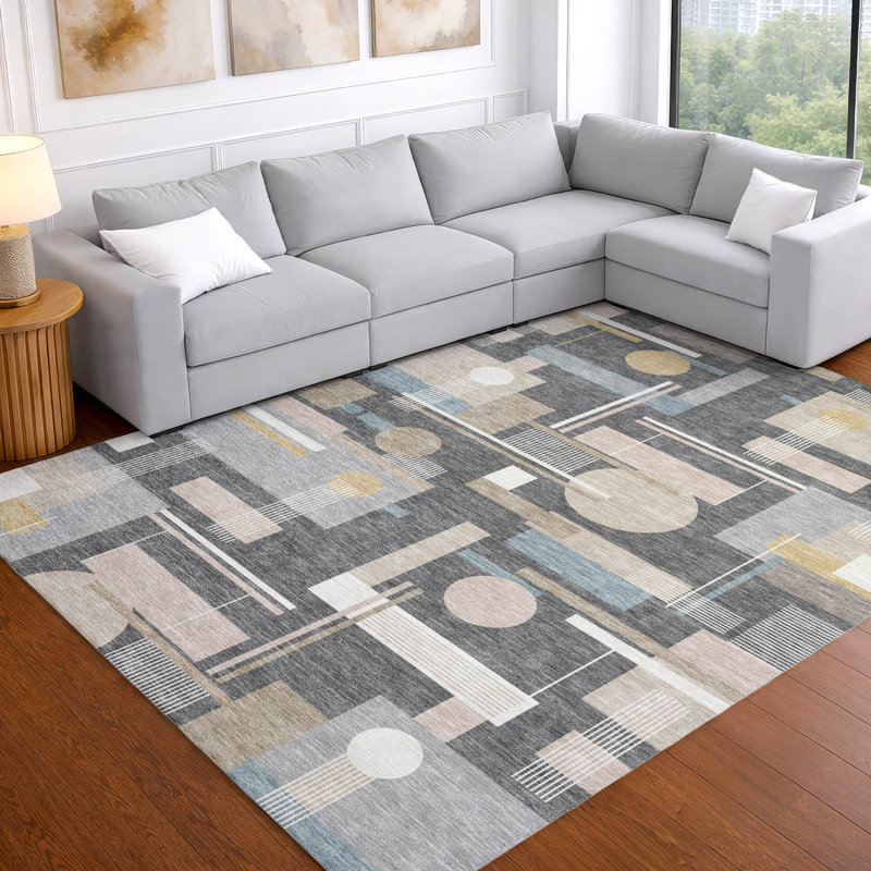 Tapis géométrique intérieur / extérieur lavable à la machine Chantille ACN2822, Gris, 9 pi x 12 pi
