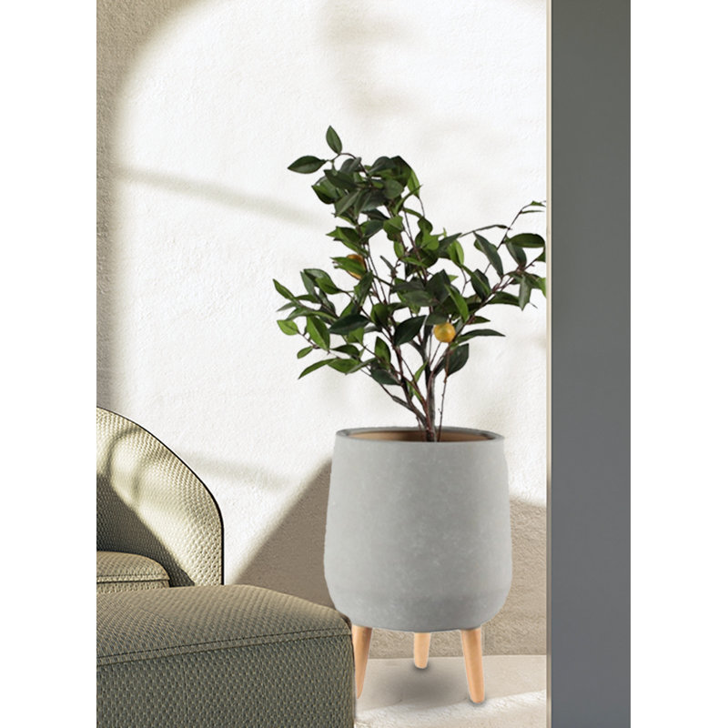 Porte-pot en céramique gris George Oliver pour plantes avec pieds en bois, à utiliser comme plante en pot avec support