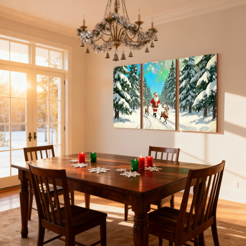 Père Noël de Noël marchant avec un renne dans la forêt enneigée, ensemble de 3 impressions sur toile, H 30 po x l 60 po