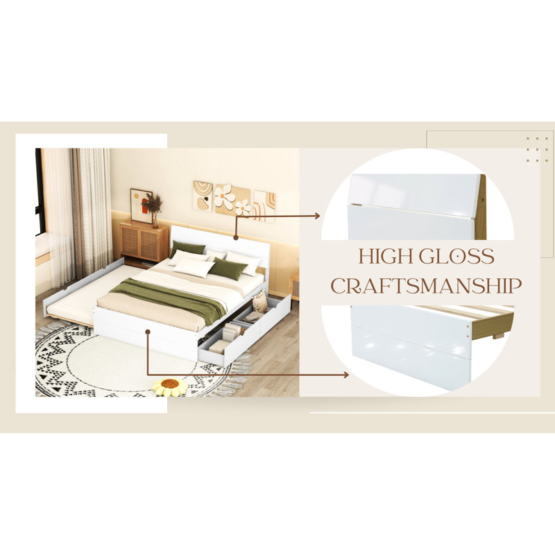 Cadre de lit de taille élégante avec lit gigogne simple et 2 tiroirs fonctionnels pratiques en blanc brillant moderne pleine grandeur
