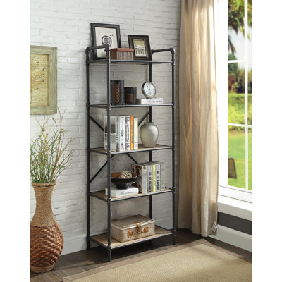 Antique Oak & Sandy Gray Finish Bookcase - Industrial Open-Frame Design With Round Metal Tubes Abundant Shelving For Display And Storage Structure Colors 26" W X 14" D 63" H Pipe Steel Wood Shelves
