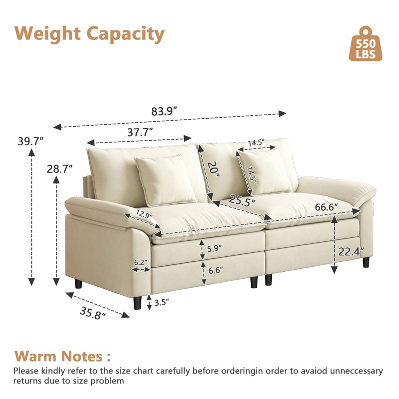 83.9-Inch Modular Sectional In Chenille Fabric, Beige