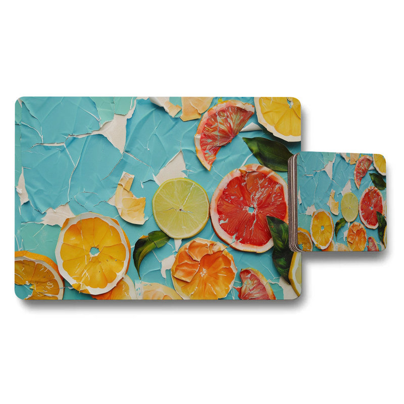 Citrus Slices Placemat And Coaster Set With Bright Turquoise Backdrop
