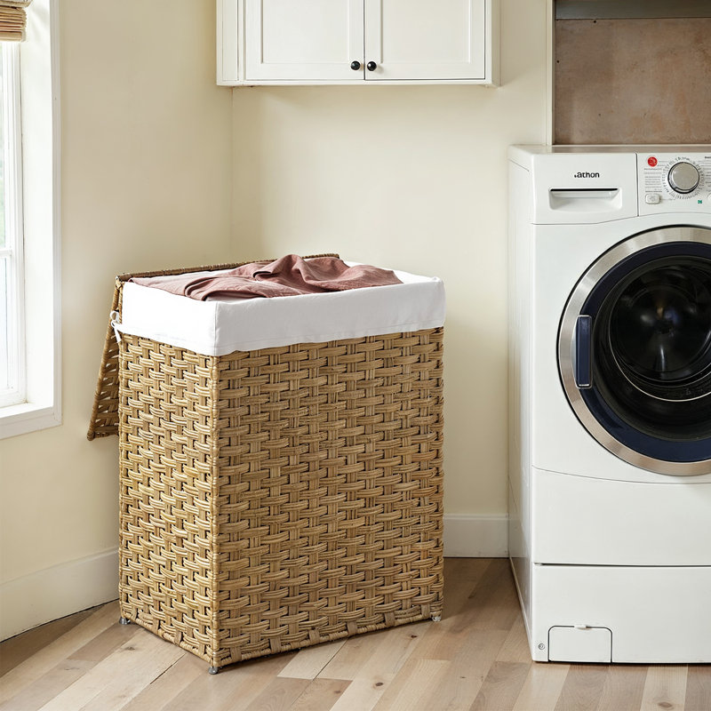 Laundry Hamper With Lid, 23.8 Gallon (90L) Synthetic Rattan Clothes Laundry Basket With Lid And Handles, Foldable, Removable Liner