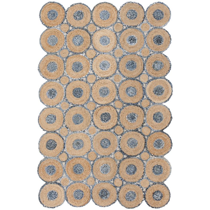 Doleman Hand Woven 70 Jute 30 Recycled Denim Fabric( Denim) Geometric Rug in Natural/Blue, Rectangle 6' x 9'
