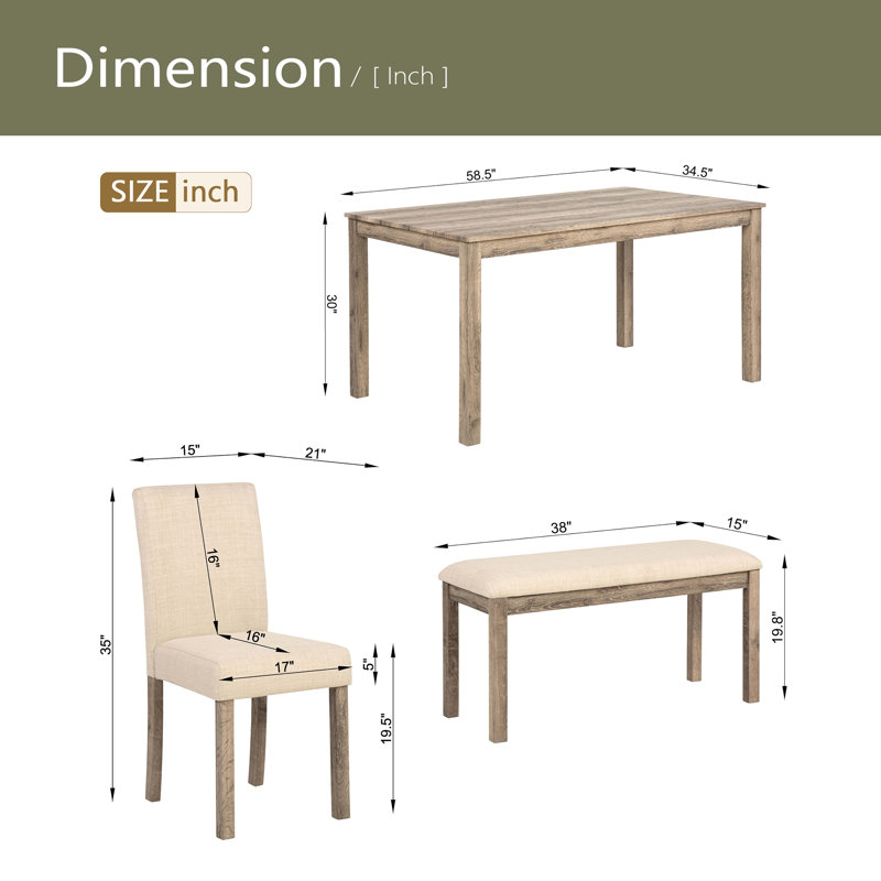 Ensemble de table de salle à manger 6 pièces, ensemble de table de salle à manger en bois pour 6 personnes, ensemble de table de salle à manger avec 4 chaises rembourrées et un banc