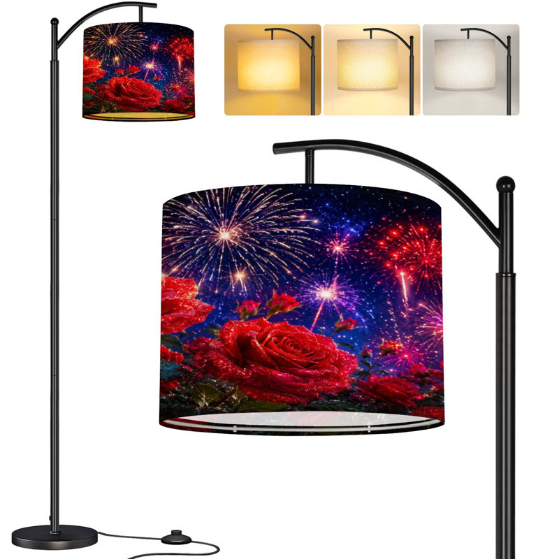  Arc Floor Lamp Vibrant Red Roses Glitter Colorful Fireworks Night Sky Tall Modern Standing Lamp LED Adjustable Linen Lampshade 3 Color Temperatures