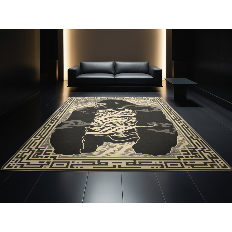 Tapis oriental classique lavable à la machine osckar gorille en noir - reliure beige, 8 x 10