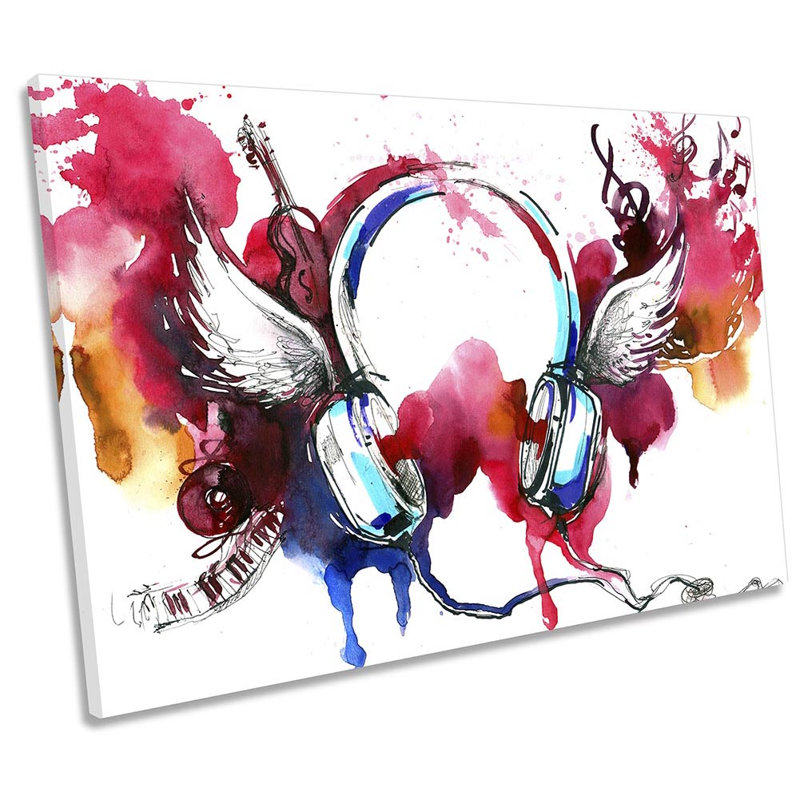 Headphones Angel Wings Music - Wrapped Canvas Print, 81.3cm H x 121.9cm W x 4cm D