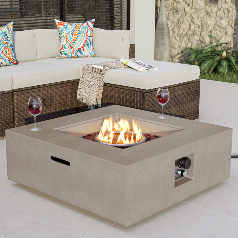 Kinzie Square Concrete Propane Smokeless Fire Pit Table with Lid, Gray