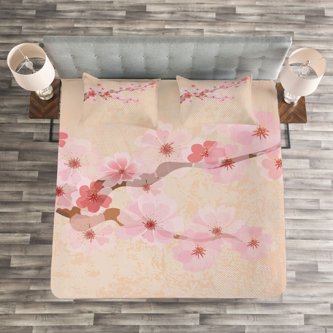 Gestepptes Bettdecken-Set, Rosa Kirschblüten, japanisch, Soft Pink