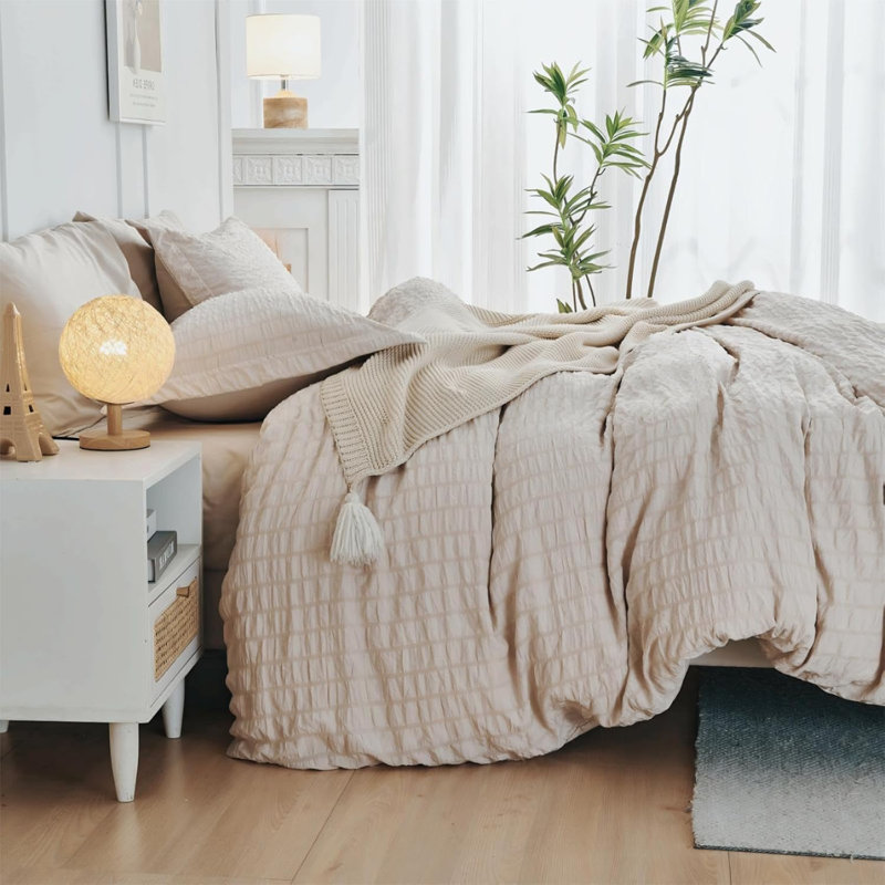 Ensemble de housse de couette beige grand lit 3 pièces avec housse de couette avec fermeture à glissière et housse de couette en microfibre brossée avec 8 attaches de coin