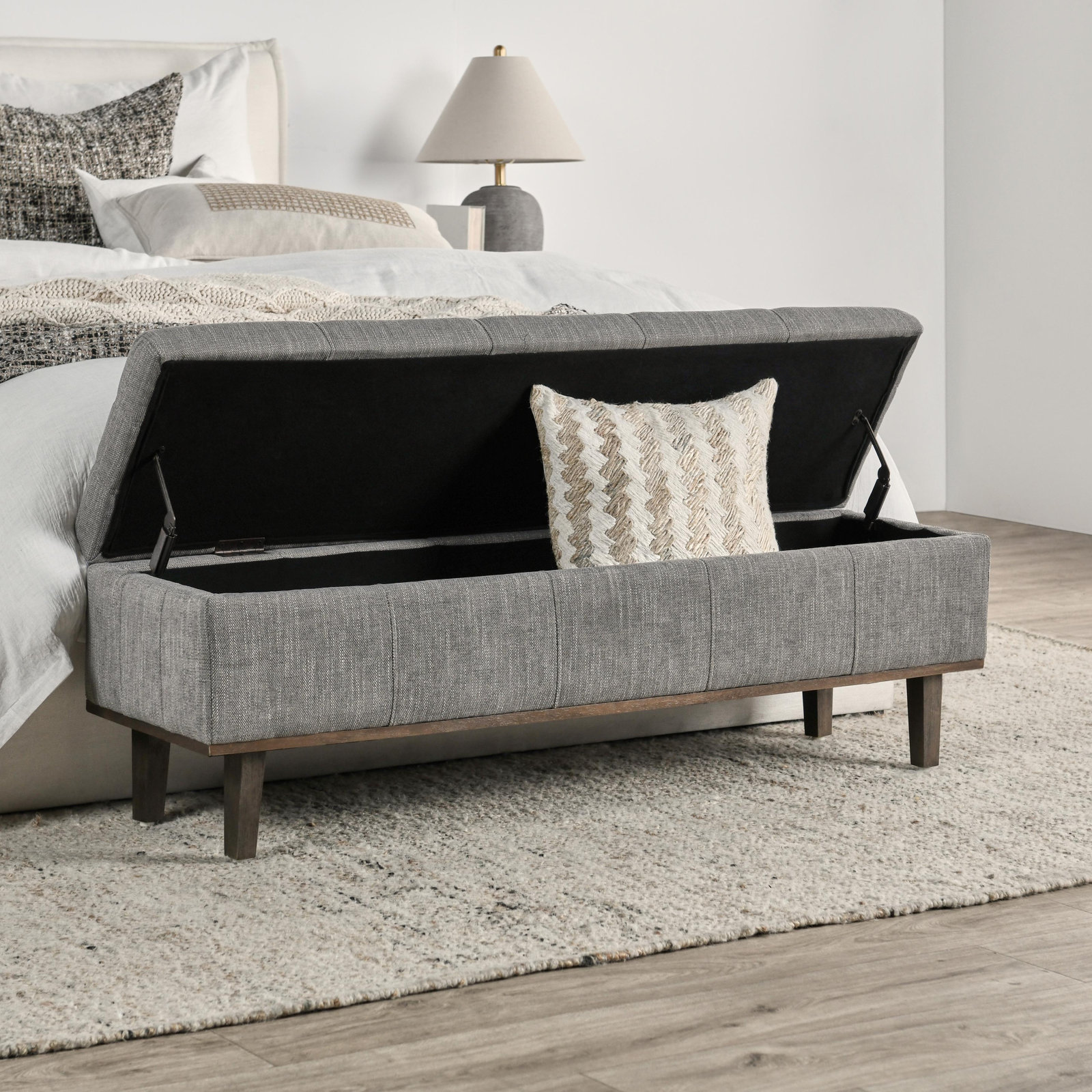 Colter Upholstered Flip Top Storage Bench, Gray Basketweave