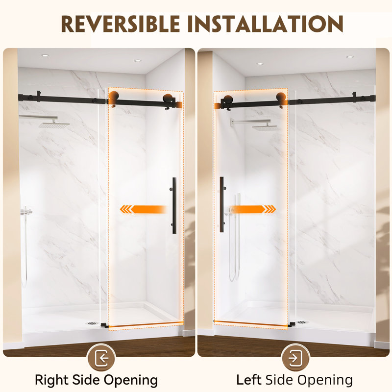 48 In. W X 76 In. H Frameless Sliding Shower Door In Matte Black With Tempered Glass Clear Glass