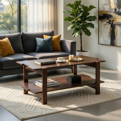 Table basse à 2 niveaux en bois avec tablette de rangement ouverte Hommoo