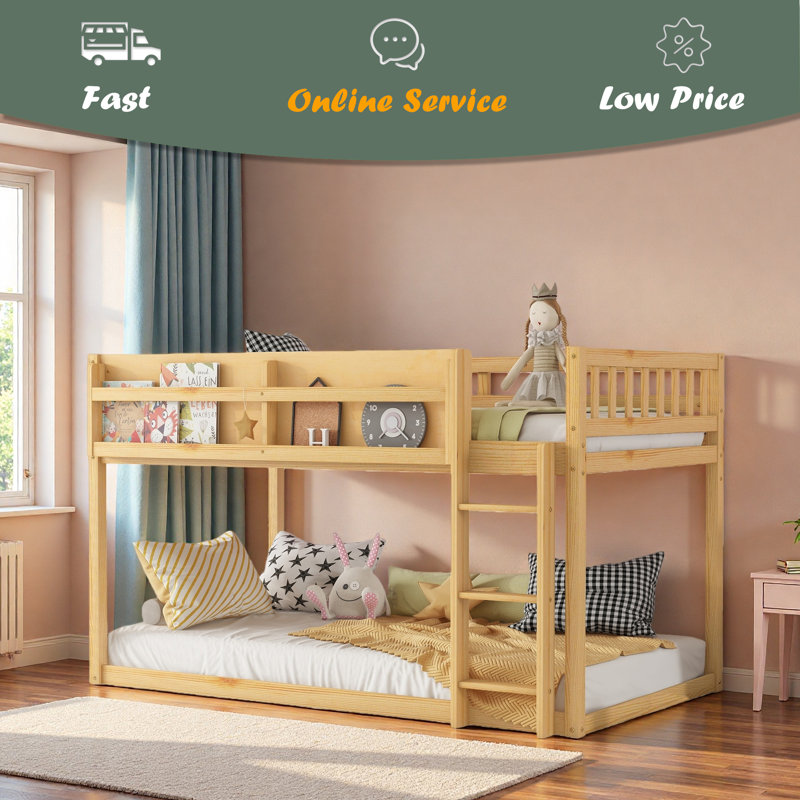 Lit superposé bas simple au-dessus de simple, lit superposé au sol avec échelle, lit superposé simple en bois massif pour enfants et adolescents