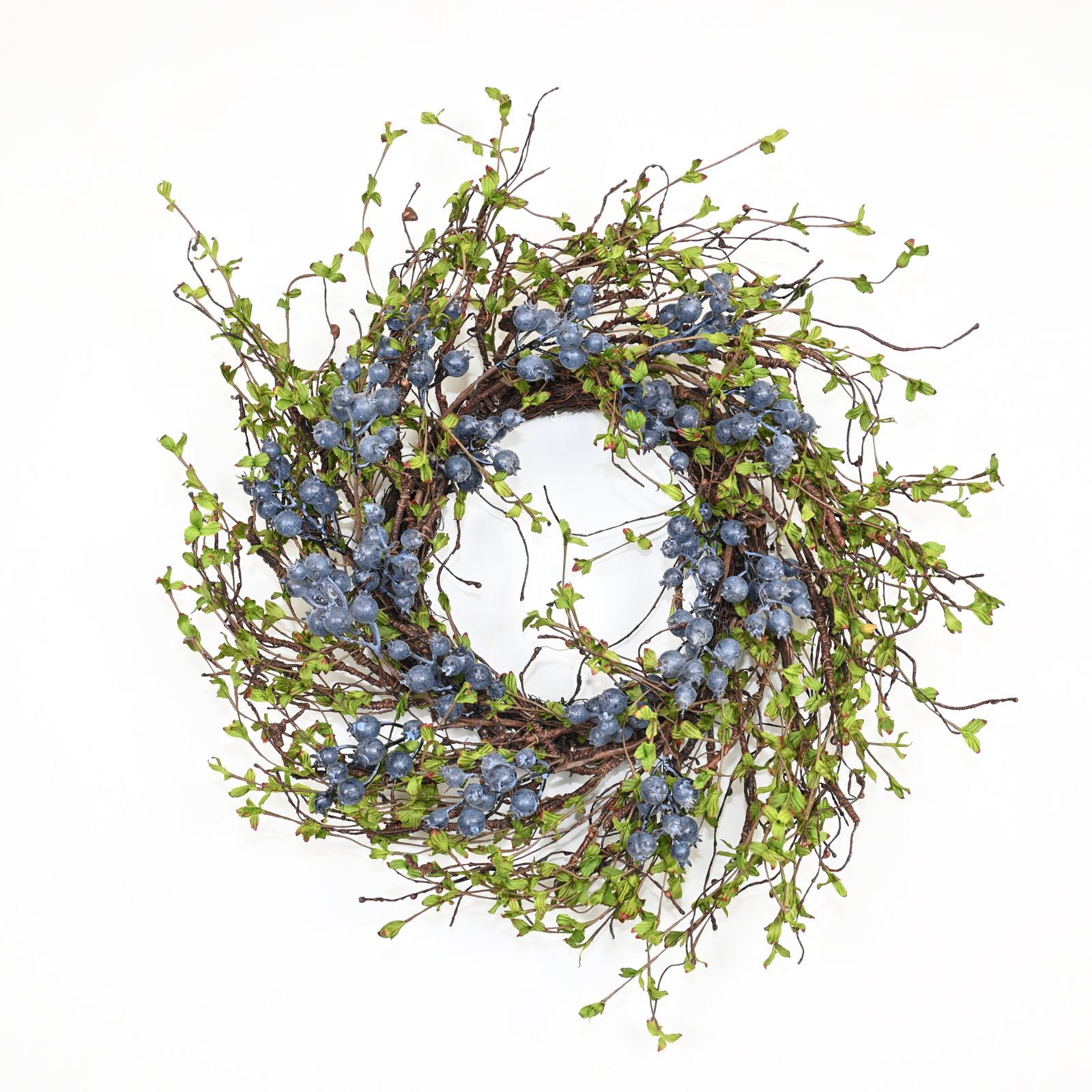 24" Handcrafted Berry Leaves No Holiday Wreath, Blue/Green