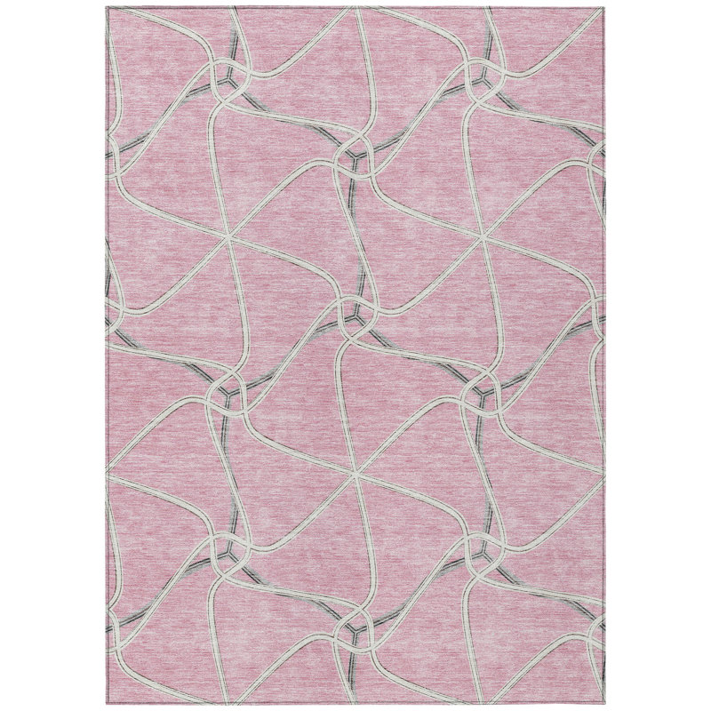 3' X 5' Pink And Ivory Geometric Washable Indoor Outdoor Area Rug