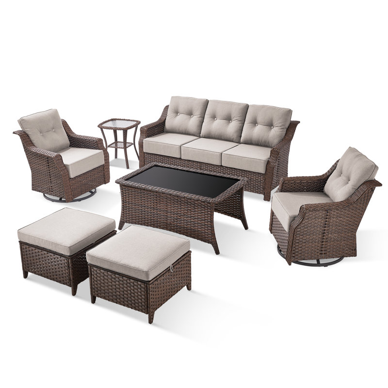 Craftedcane 7-Pieces Outdoor  PE Wicker Patio Conversation Set With 6" Thickness Cushions, White