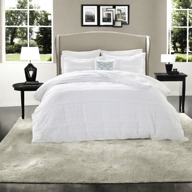 Ensemble de literie, courtepointe en microfibre de coton, 4 pièces, blanc, double / grand