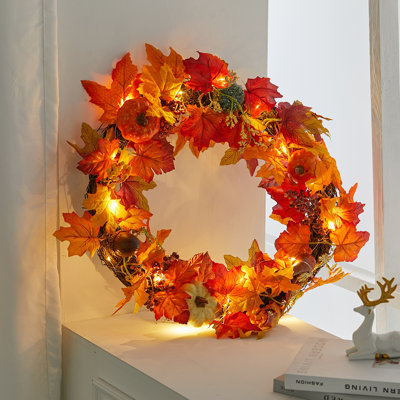 60cm Lighted Fall Wreath for Front Door Halloween Thanksgiving Decoration