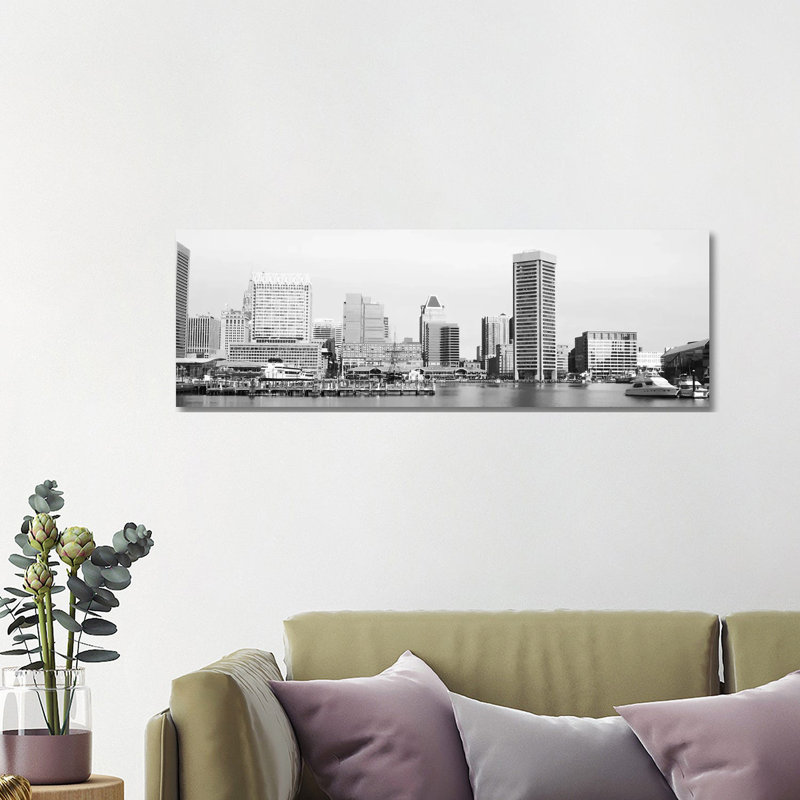 Baltimore Panoramic Skyline Cityscape (Black & White) 1 Piece Wrapped Canvas Panoramic Wall Art