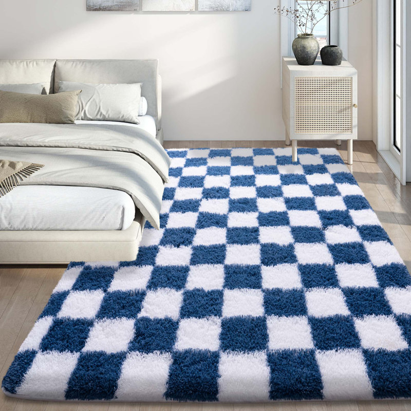 Checkered Fluffy Rug 5x7 Ft Washable Shaggy Fluffy Rug for Bedroom Living Room Plaid Runner Rug Fuzzy Shag Carpet Non-Slip for Kids Toddler Room Nursery Playroom