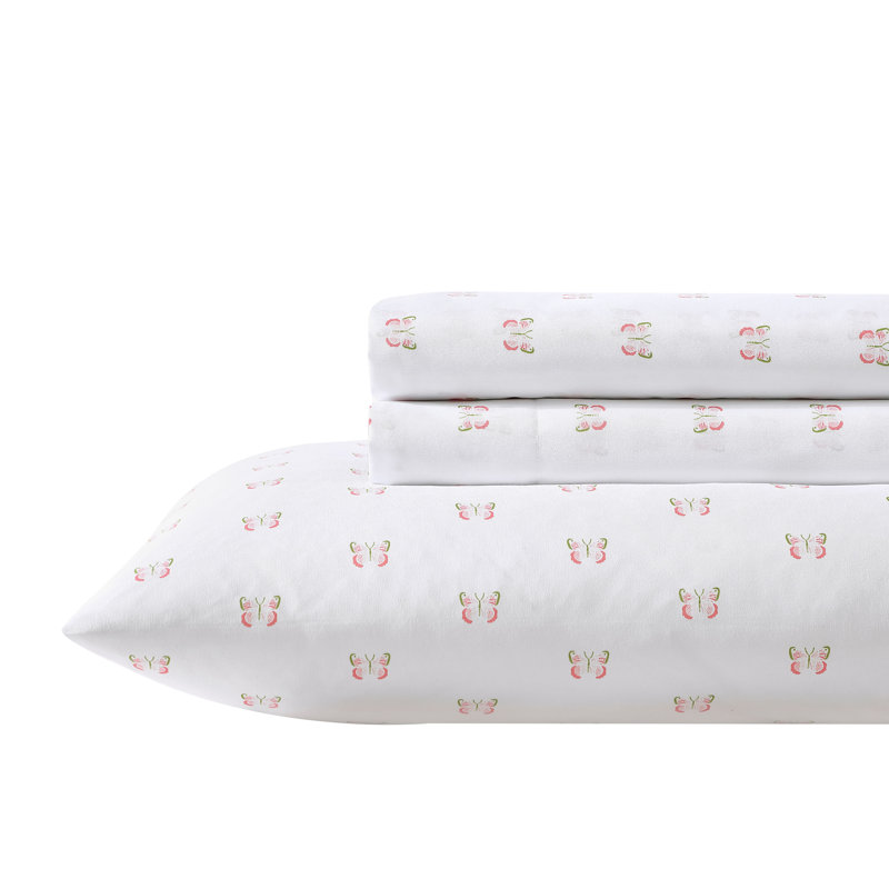 Laura Ashley Kids Cozy Printed Sheet Sets, Full Sheet Set with 2 Pillowcases, Heart Geo Ditsy Pink