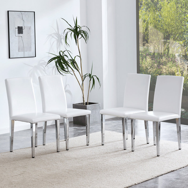 Chaises de salle à manger en cuir PU Uriah avec pieds en métal, Acier Inoxydable, 4, Blanc