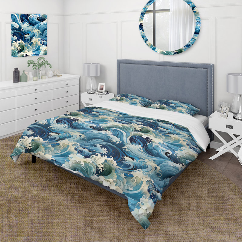 Water Elements I - Japan Wave Duvet Cover Set - Microfiber Polyester, King Duvet Cover + 2 King Shams