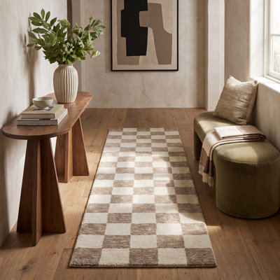 Rug Branch Roxie 3' x 10' (2'7" x 10') Beige/Brown Checkered Indoor Runner Rug, Contemporary, Medium Pile, Stain-Resistant Hallway Carpet - Entryway, Mudroom, Bedroom, and Kitchen