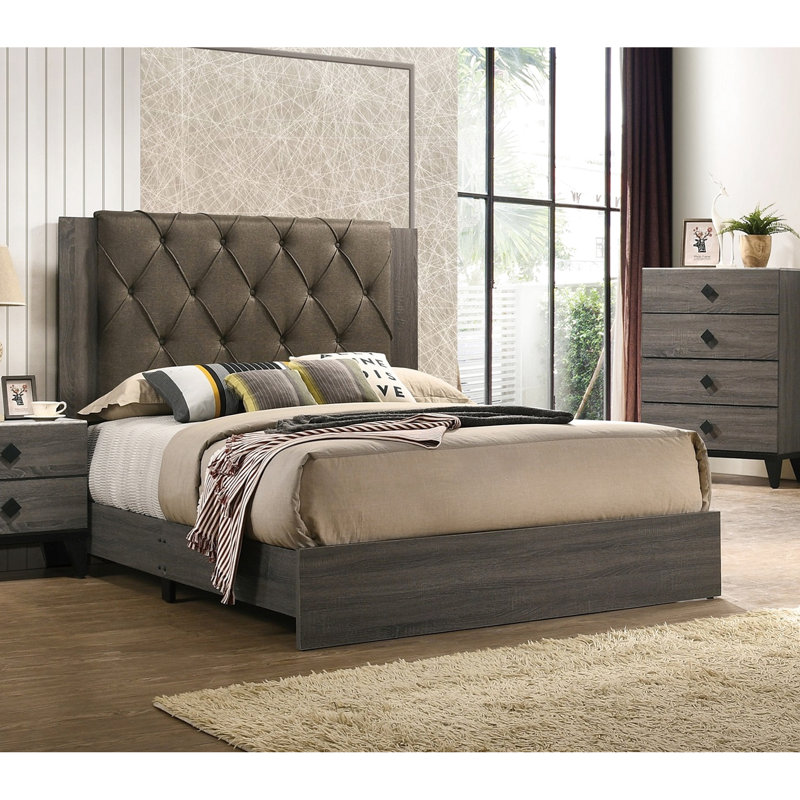 Grand lit, gris, tête de lit, bois d'hévéa pour lit de chambre à coucher de couleur grise, cadre, Gray