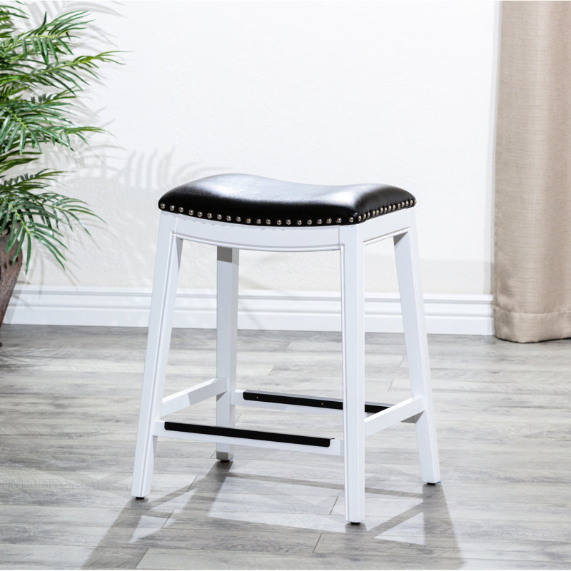 Tabouret de comptoir de 24 po au fini blanc et cuir noir - siège moderne et confortable, Noir, Blanc