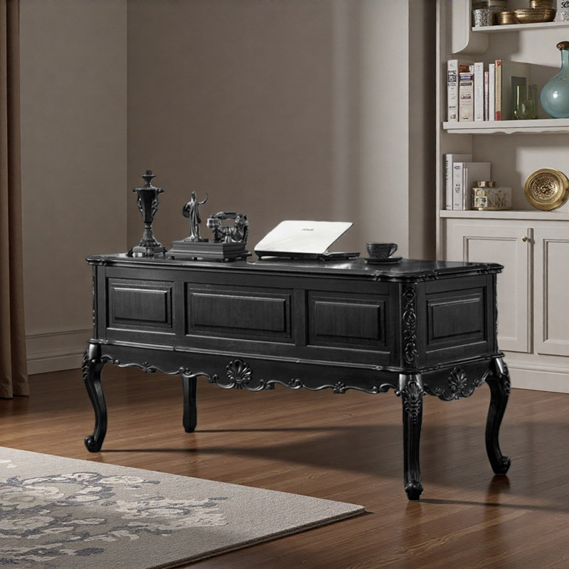 French Retro Style Black Five-drawer Writing Desk, 30.7" H x 62.99" W x 25.59" D