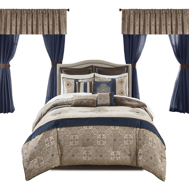 Navy Jacquard Microfiber Queen 24-Piece Bedding Set