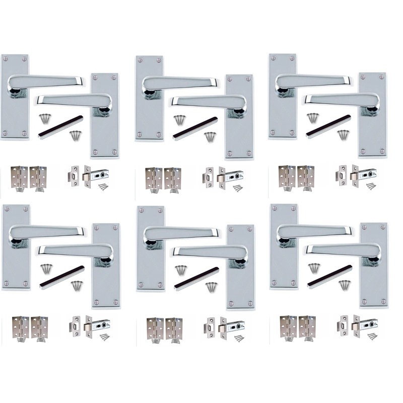 Golden Grace 6 Pairs Victorian Straight Latch Door Handles in Polished Chrome with Hinges & Latches - 118mm x 40mm Backplate