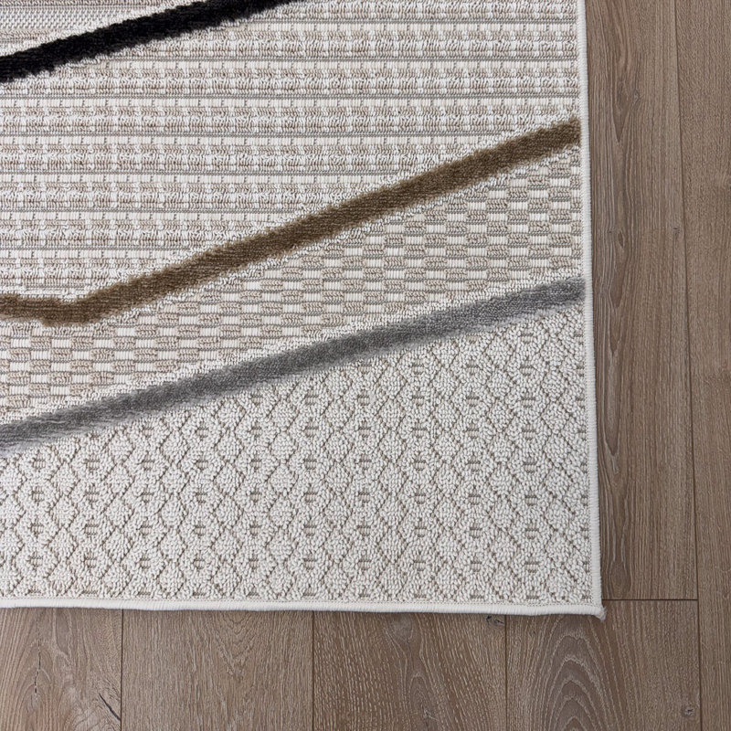 Tapis d'intérieur à chevrons beige / gris 4 pi x 6 pi (3 pi 11 po x 5 pi 7 po) Branch Branch Caldera, tapis contemporain, à poils moyens et résistant aux taches