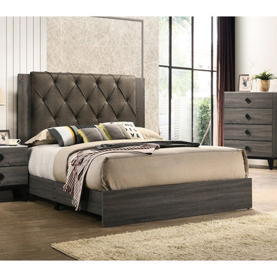 Lit pour grand lit dans la chambre à coucher, gris, tête de lit, structure en bois d'hévéa, finition grise classique contemporaine, meubles