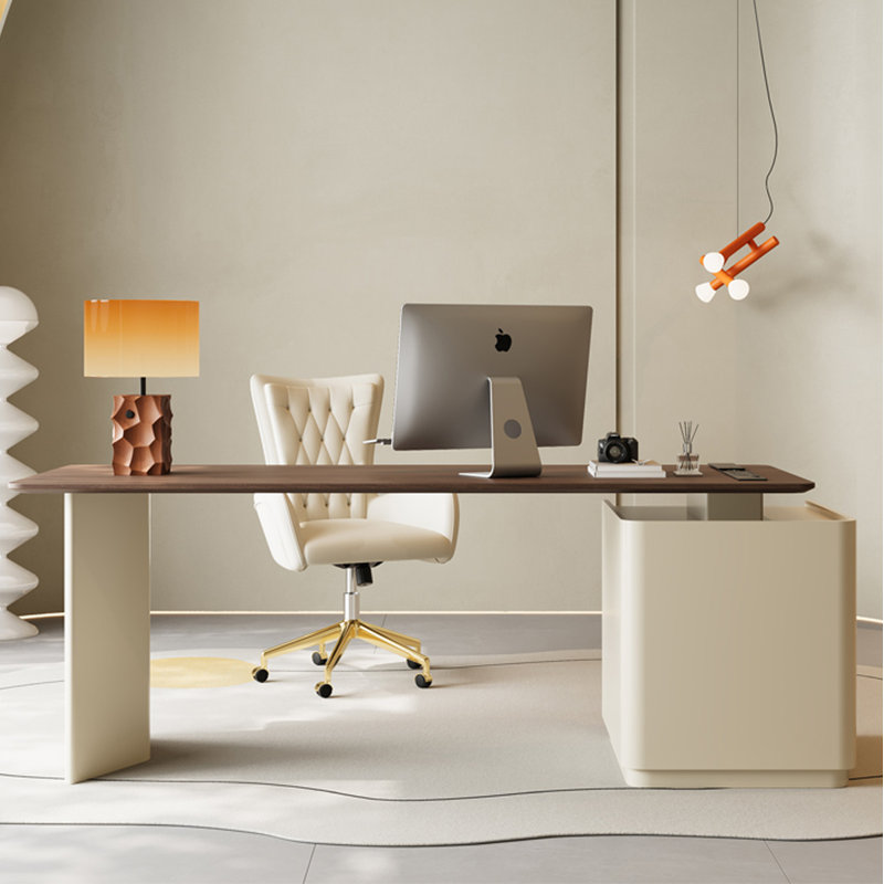 Bureau rectangulaire en bois manufacturé brun noisette + beige, Orienté à gauche (vu de face)