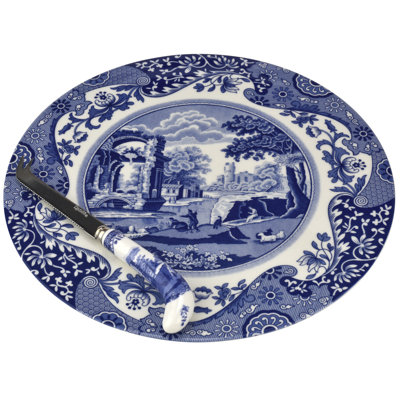 Spode Blue Italian 2pc Cheese Plate W Knife