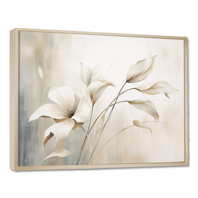 White Botanical Elegance III - Abstract Botanicals Wall Decor, 16" H x 32" W x 1" D, Maple Floater Framed