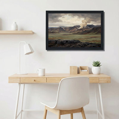 Art mural sur toile Smoky Mountain Range Over Rolling Green Plains And Dark Rocks