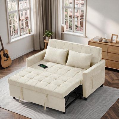 56.9'' Upholstered Convertible Sleeper Sofa with USB and Side Pocket